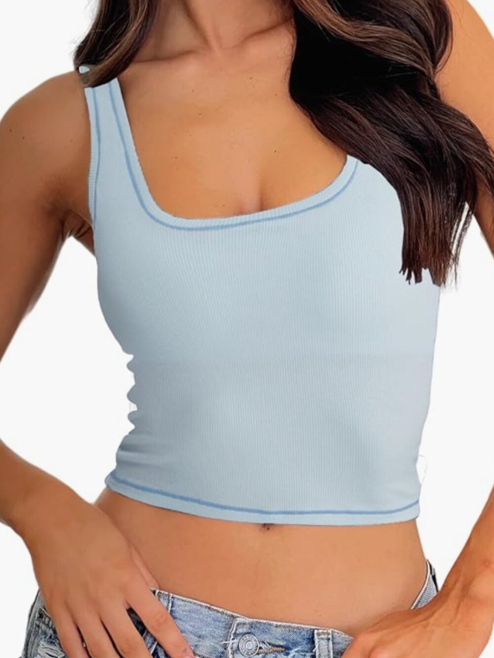 Light Blue Ribbed Tank Top Padded Crop Fitted Tank Top